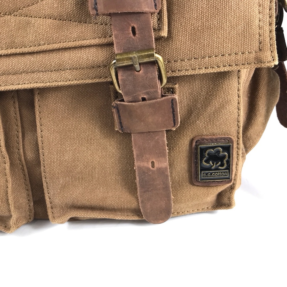 S.C.COTTON Leather and Khaki Canvas Messenger Laptop Office Bag - Picture 3 of 11